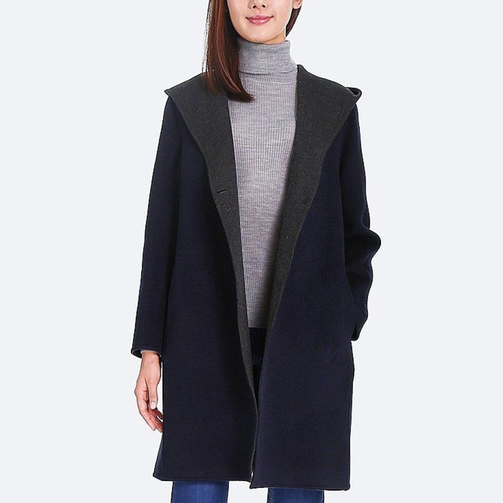 Uniqlo Wool Blend Hooded Coat Navy Size M